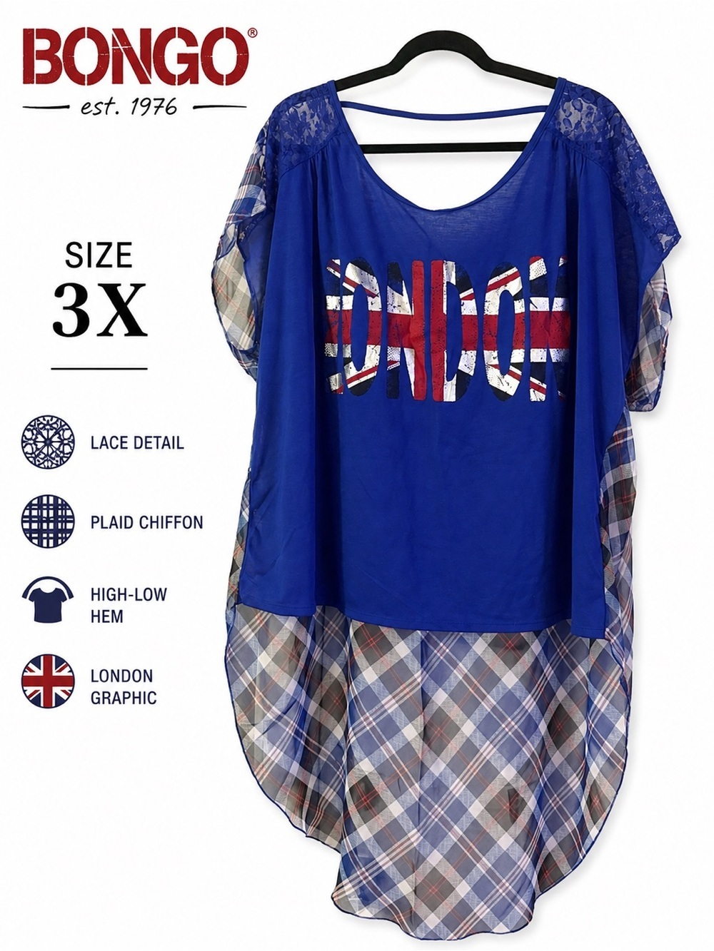 Bongo 3X Blue Plaid High-Low Tunic Top Lace Detail Y2K Boho London Graphic